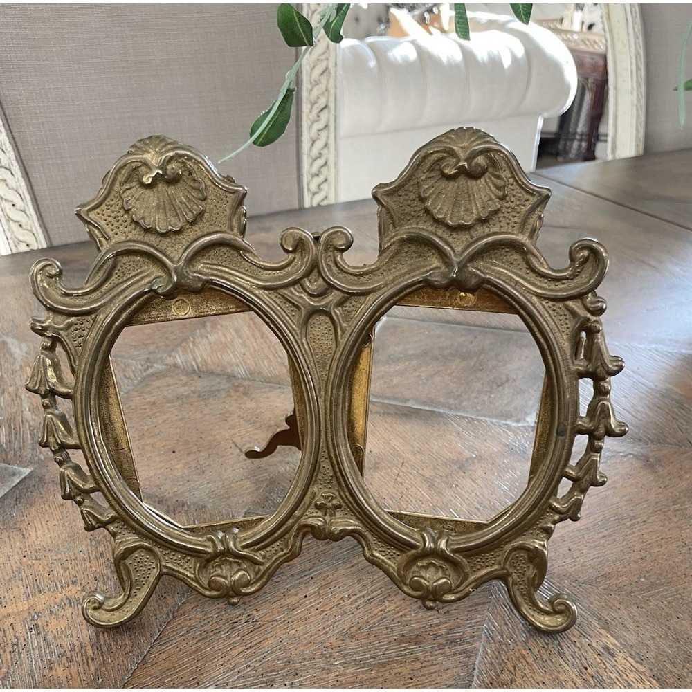 Vtg Brass Victorian Ornate Picture Frame Tabletop Double Easel Stand 8x9"
